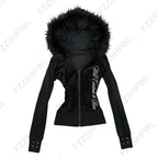 Y2K Harajuku Gothic Women's Hoodie Sexy Slim Chic Suede Fur Collar Letter Print Cardigan Sweatshirt Aesthetic Female Streetwear - Matrix Studios