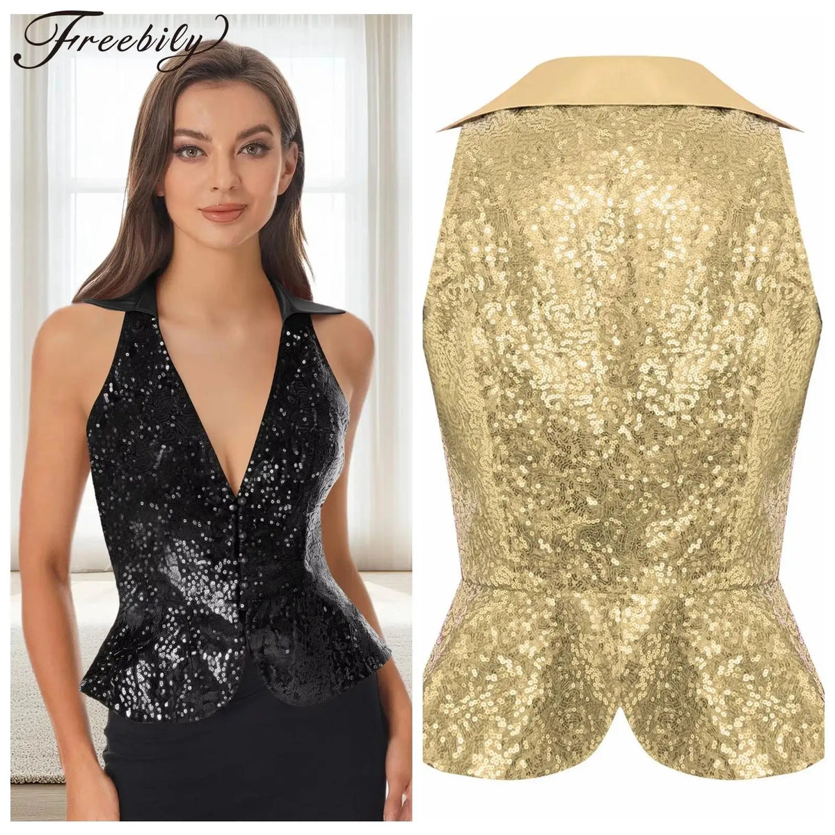 Womens Sequin Vest Lapel Sparkly Cosutme Sleeveless Vests Nightclub Jazz Dance Party Dressy Tops Rave Music Festival Waistcoat - Matrix Studios