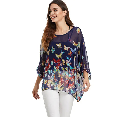 BHflutter White Blouse Shirt Women Fashion Batwing Casual Summer Tops Tees Ladies Print Chiffon Blouses Streetwear Plus Size - Matrix-studios.com