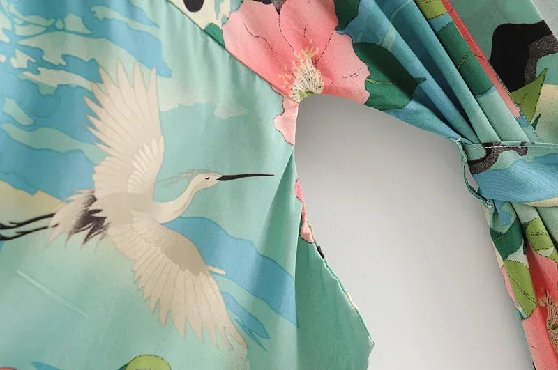 Boho Queens Vintage Green Crane Floral Print Sashes  Women Bohemian V Neck Batwing Sleeves Happie Beach Robe Cover-up - Matrix Studios