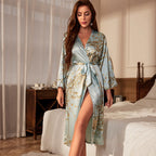 2025New Silk Kimono Robe for Women Floral Print Long Sleeve Lightweight Sexy Sleepwear Lace Up Bathrobe - Matrix-studios.com