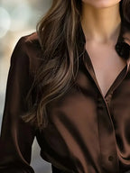 Elegant Black Satin Long Sleeve Blouse for Women  Button-Up Collar Shirt Perfect for Casual or Professional Wear - Matrix-studios.com