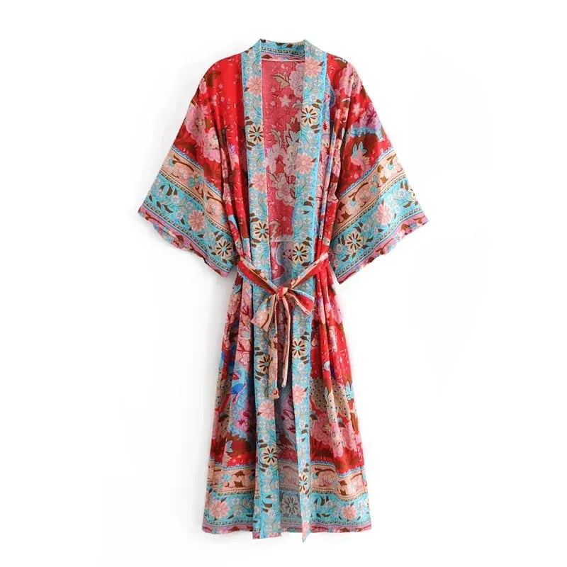 Boho Queens Women Peacock Print Bat Sleeve Beach Bohemian Kimono Robe Ladies V Neck Tassel Summer Happie Bikini Cover-ups - Matrix Studios