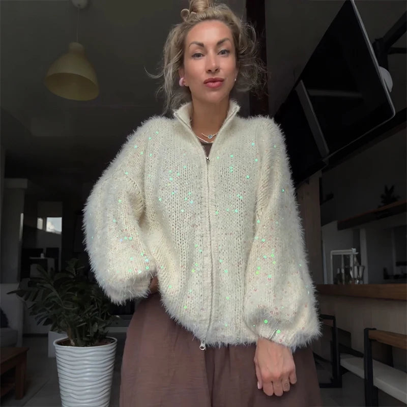 Shiny Sequin Stand Collar Women's Cardigans Double Zippers Full Sleeve Loose Sweater Cardigan 2026 Autumn Winter Casual Knitwear - Matrix Studios