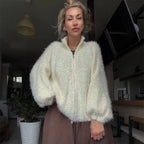 Shiny Sequin Stand Collar Women's Cardigans Double Zippers Full Sleeve Loose Sweater Cardigan 2026 Autumn Winter Casual Knitwear - Matrix Studios