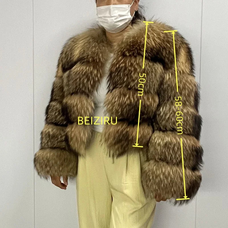 BEIZIRU Women's Real Raccoon Fur Coat Winter Long Sleeve Hooded Jacket with Turndown Collar Natural Luxury Thick Top - Matrix Studios