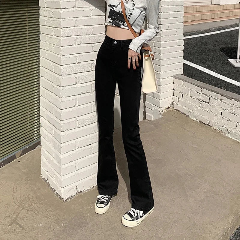 Woman American High Waist Slim Fit Bell Bottom Jeans Female Fashion Y2k Flare Pants Girls Elastic Designer Black Denim Trousers - Matrix-studios.com