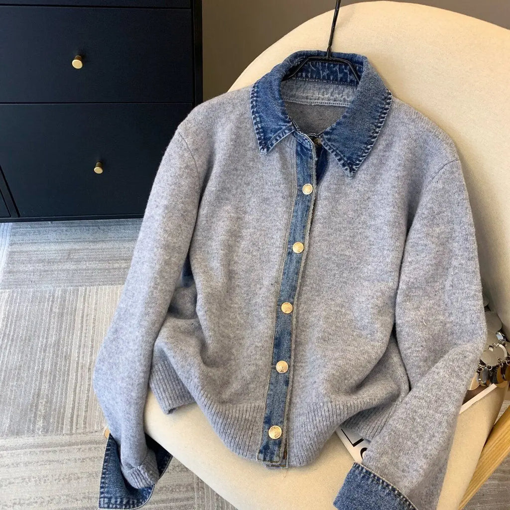 Chic Denim Collar Stitching Fake Two-piece Sweater Women's Cardigan New Single Breasted Knitted Jacket Coat Female Outwear - Matrix Studios