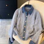 Chic Denim Collar Stitching Fake Two-piece Sweater Women's Cardigan New Single Breasted Knitted Jacket Coat Female Outwear - Matrix Studios