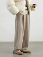 CHIC VEN Women Pants New High Waisted Pleated Casual Soft Wide Leg Pant Female Thicken Trousers Sport Solid Plush Winter 2024