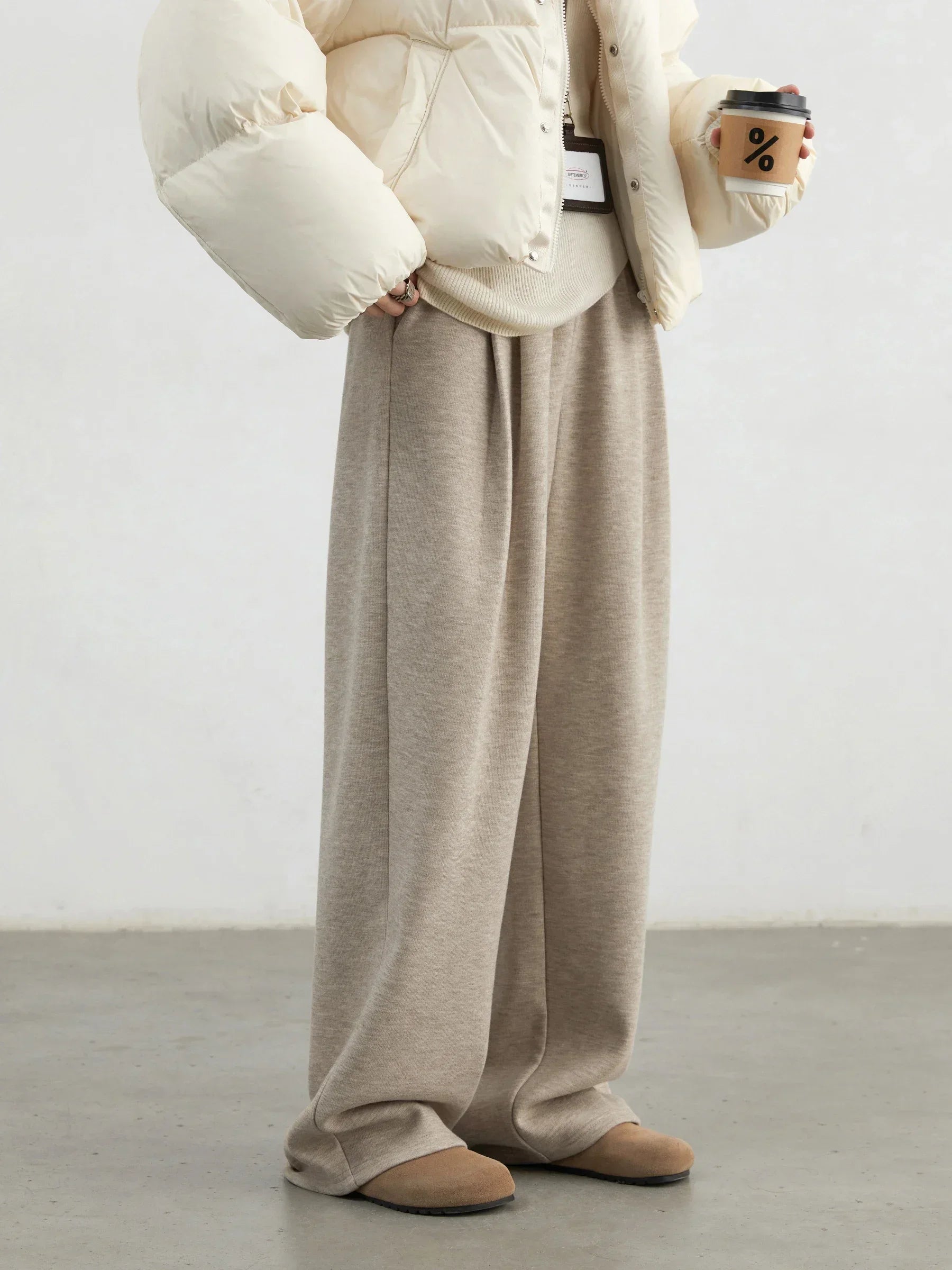 CHIC VEN Women Pants New High Waisted Pleated Casual Soft Wide Leg Pant Female Thicken Trousers Sport Solid Plush Winter 2024