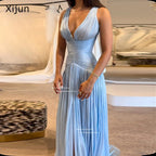 Xijun Sexy Blue Silk Satin Long Evening Dresses V-Neck Sleeveless Prom Dresses Saudi Araric Formal Occasion Prom Gowns Customize - Matrix-studios.com