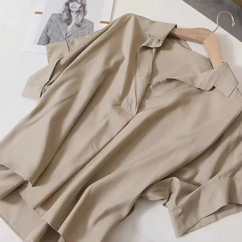 Women Blouses Spring Summer Breathable Simple Short Batwing Sleeve Turn Town Quick Dry Collar Shirts Solid Color Female Clothing - Matrix-studios.com