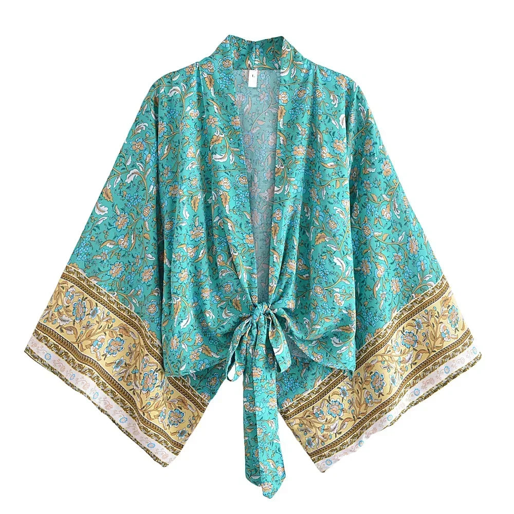 Happie Queens Floral Print Sashes Short  Kimono Women Fashion V Neck Batwing Sleeves Robe Lady Boho Bikini Cover-ups - Matrix Studios
