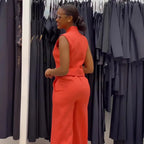 Two Piece Sets Women Pant Set V Neck Sleeveless Single Breasted Blazer Suits Tops Wide Leg Long Pants High Waist Matching Sets - Matrix-studios.com