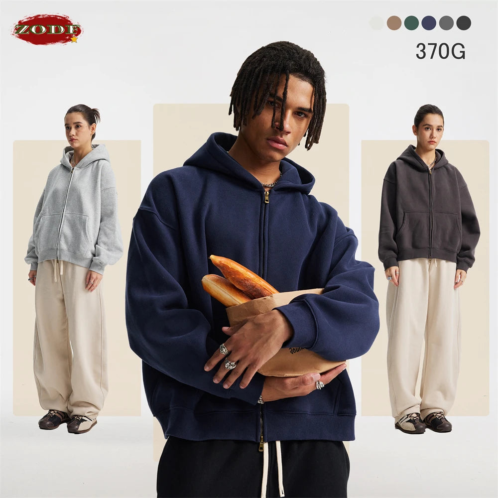 ZODF Trendy 2025 Winter Man Solid Fleece Boxy Hoodies Unisex 350gsm Double Head Zipper Hooded Sweatshirts Coat HY1122 - Matrix Studios