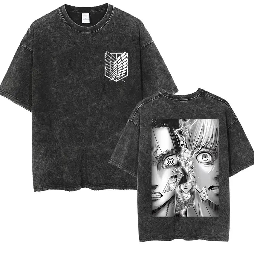 Anime Attack on Titan Vintage Washed Print T-shirt Mikasa Ackerman Eren Jaeger Wings of Freedom Logo Mens Summer Cotton T-shirts - Matrix Studios
