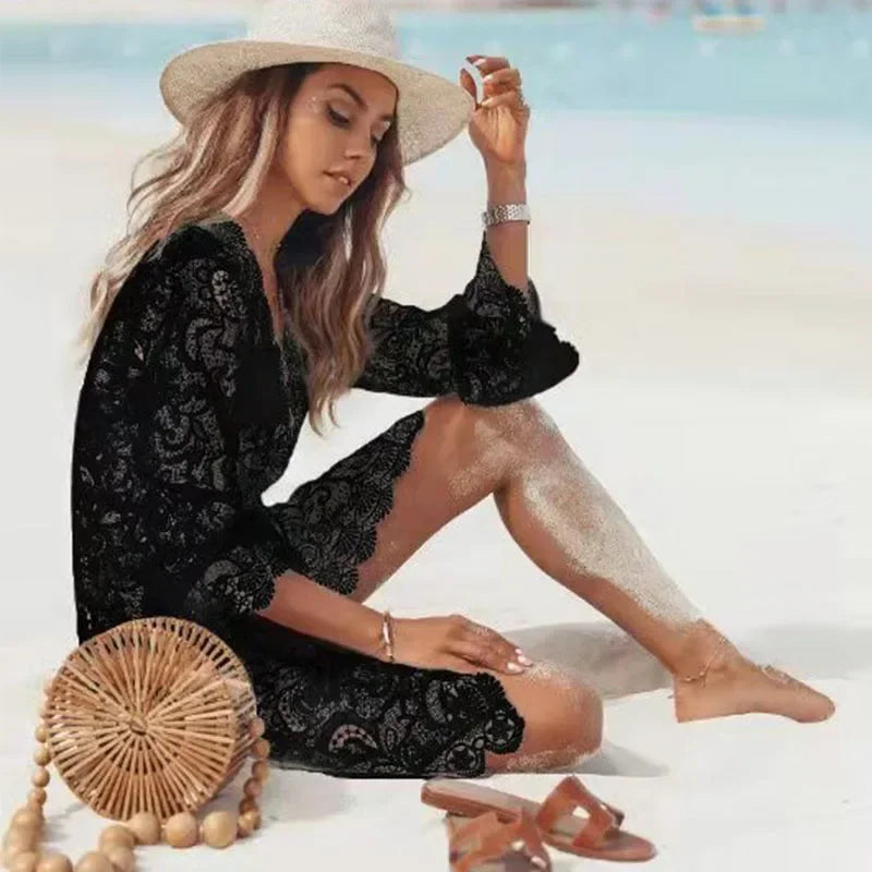 Summer Bikini Cover-ups Women Mini Dress White Lace Hollow Crochet Bathing Suit Swimsuit Tunic Sarong Wrap Beachwear - Matrix Studios