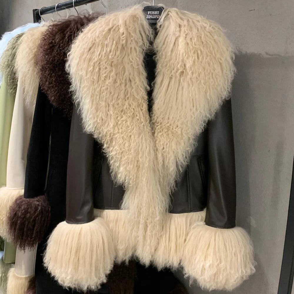 Sheep Collar Coats Women Winter Luxury Mongolian Fur Leather Jackets with Long Sleeve 7251 - Matrix Studios