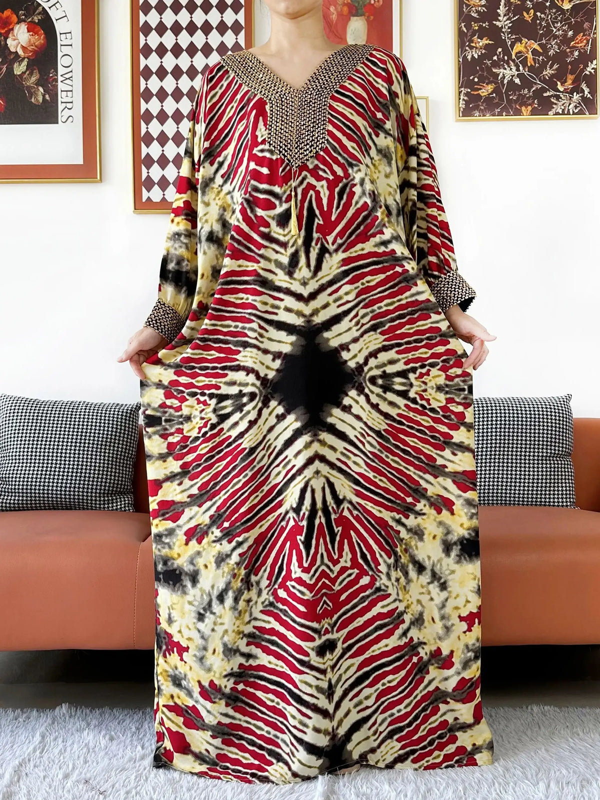 2026 Long Sleeve Embroidered V-Neck Cotton Women Loose Abaya Boho Maxi Dress Casual Fashion Dress African Vestidos - Matrix-studios.com