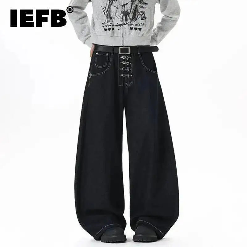 IEFB Korean Style Men's Jeans Solid Color Metal Buckle Casual Streetwear Straight Wide Leg Loose Male Denim Pants Fashion 9X270 - Matrix Studios