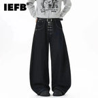 IEFB Korean Style Men's Jeans Solid Color Metal Buckle Casual Streetwear Straight Wide Leg Loose Male Denim Pants Fashion 9X270 - Matrix Studios