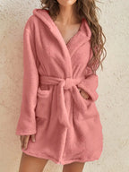 1 piece of women's solid color hooded robe with belt, cozy and warm fleece pajamas for home wear in autumn and winter. - Matrix-studios.com