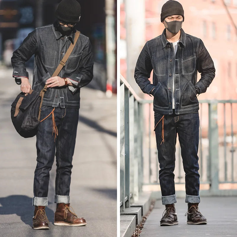 Maden Vintage 14oz Selvedge Raw Denim Jeans Horsehair Leather Patch Straight Fit Jeans Men's Spring and fall Paris Buckle Pants - Matrix Studios