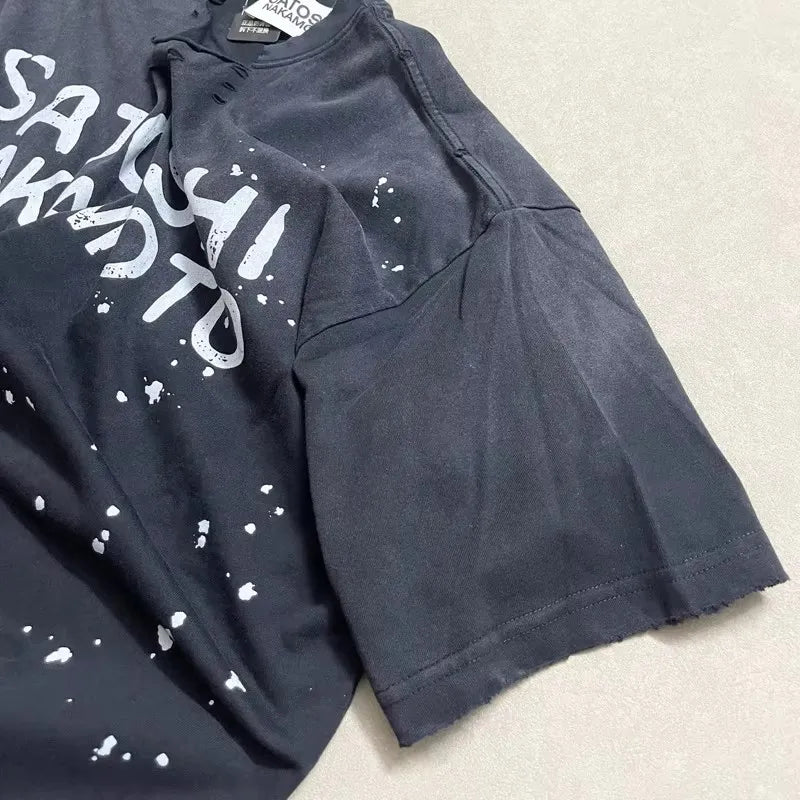Ripped Hole Satoshi Nakamoto T-shirt High Quality Splash-ink Pattern Short Sleeve Retro Casual Loose Round Neck T Shirts - Matrix-studios.com