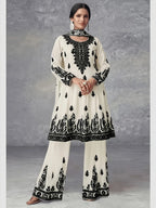 Plus Size Women's Off-White and Black Printed Three-Piece Set Ethnic Style Crew Neck Long Top Wide-Leg Pants and Headscarf Set - Matrix-studios.com