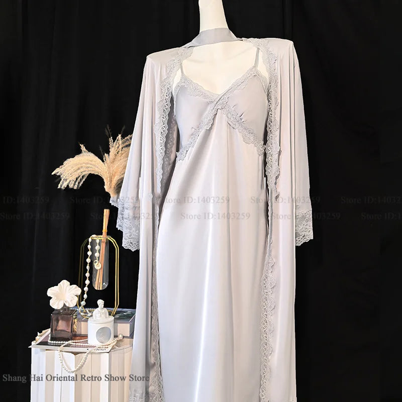 New Female Long Robe Nightgown Set Sexy Lace Trim Sleepwear Suspender Nightdress Spring Summer Casual Satin Home Dress Bathrobe - Matrix-studios.com