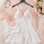 Sexy Lingerie Set Women Erotic Bra Nightdress Sexy Lace Sleepwear Solid Slim Soft Dresses V Neck Full Slip Sleepwear & Dresses - Matrix-studios.com