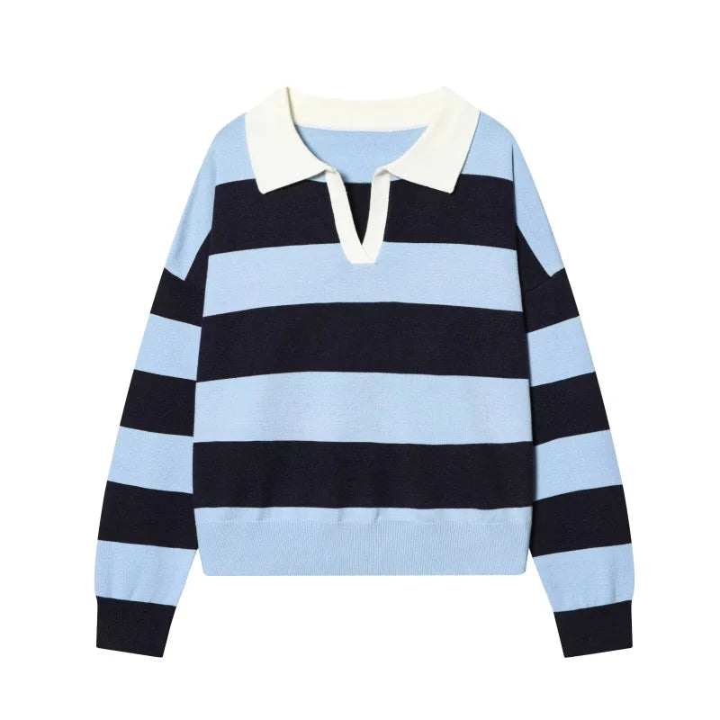 ETJ 2025 Autumn women's new line street style fashion yellow wide stripe polo neck loose version of long-sleeved sweater - Matrix-studios.com