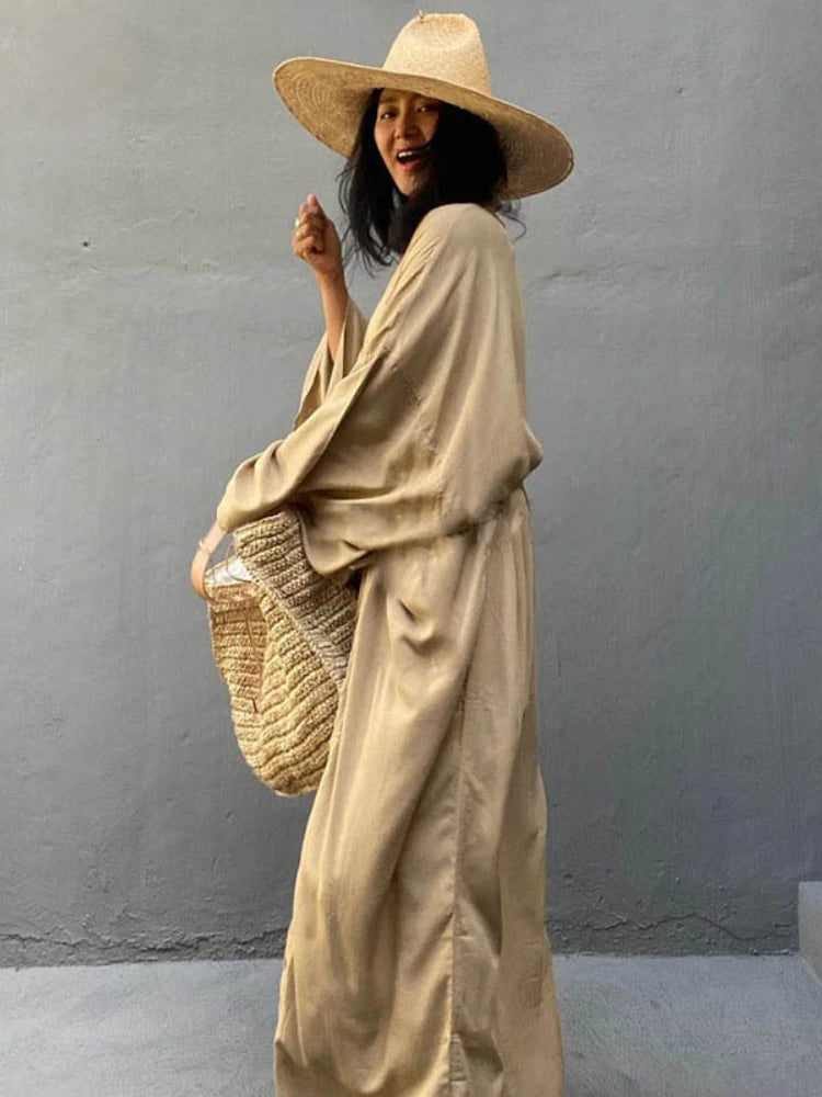 Solid Beach Cover Up Women Self Belted Wrap Kimono Dress Swimsuit 2025 New Robe Summer Beachwear Factory Supply - Matrix-studios.com
