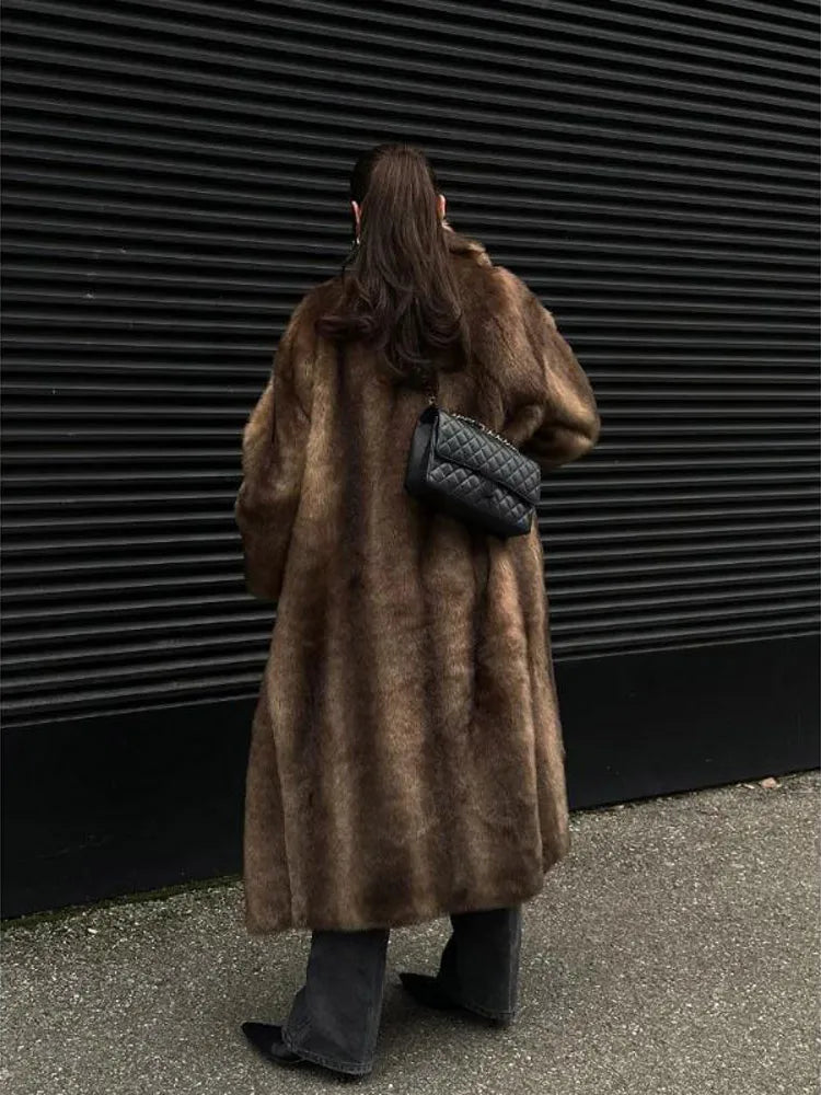 Woman Mixed Color Long Faux Fur Coat Fashion Lapel Collar Full Sleeve Loose Overcoat 2025 Winter Lady Warm High Street Outwear - Matrix Studios