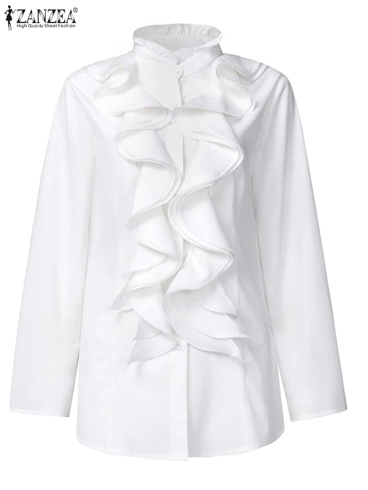ZANZEA Elegant Women Blouse Ruffles Tops Fashion Long Sleeve Shirts Flounce Blusas Stylish OL Work Shirt Female White Blouses - Matrix-studios.com