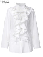 ZANZEA Elegant Women Blouse Ruffles Tops Fashion Long Sleeve Shirts Flounce Blusas Stylish OL Work Shirt Female White Blouses - Matrix-studios.com