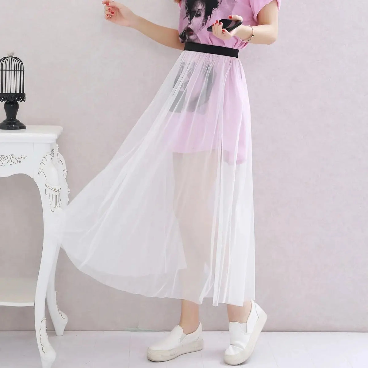 Sweet Layered Cake Me Skirt Elastic Waist Princ Long Dr Korean Sle High Waist Polyester Fabric Mid-Length Skirt - Matrix-studios.com