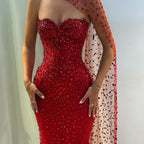 Amanda Customized Women Red Strapless Prom Dress Sequin One-Shoulder Cape vestidos de noche Mermaid Maxi Formal Evening 2025 - Matrix Studios