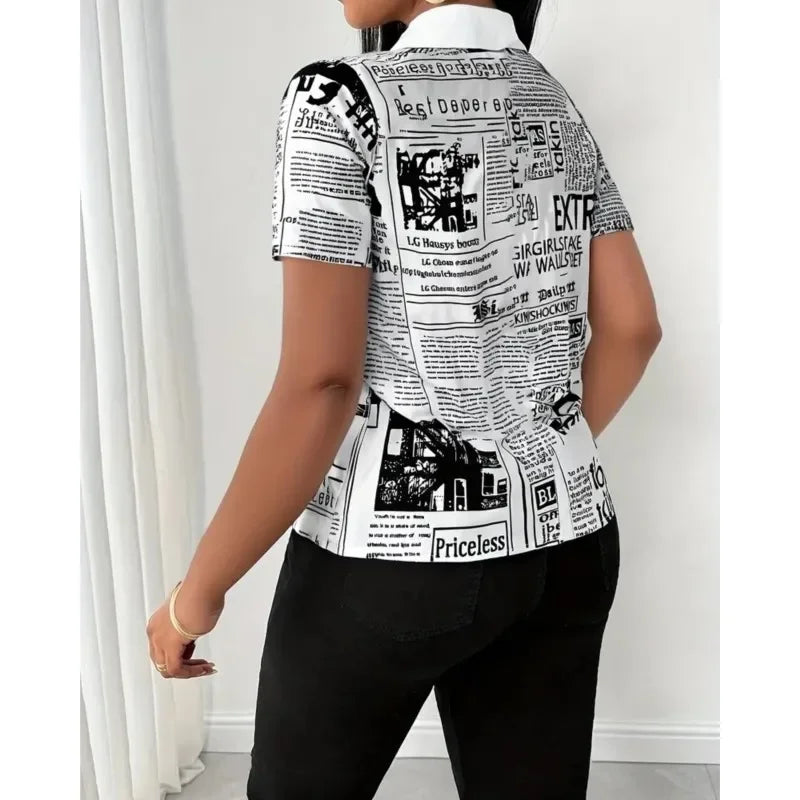 Women's Elegant Blouses Summer Fashion Newspaper Pattern Print Single Breasted Short Sleeve Women Shirt V-neck Casual Tops Shirt - Matrix-studios.com