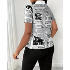 Women's Elegant Blouses Summer Fashion Newspaper Pattern Print Single Breasted Short Sleeve Women Shirt V-neck Casual Tops Shirt - Matrix-studios.com