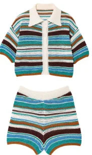 Women Patchwork Striped Hollow Out Crochet Knitted Crop Sweater Shorts Set Short Sleeve Polo Collar Sweater Knit Shorts Suit Y2K - Matrix-studios.com