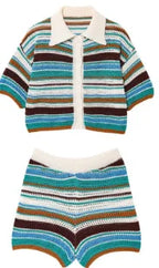 Women Patchwork Striped Hollow Out Crochet Knitted Crop Sweater Shorts Set Short Sleeve Polo Collar Sweater Knit Shorts Suit Y2K - Matrix-studios.com