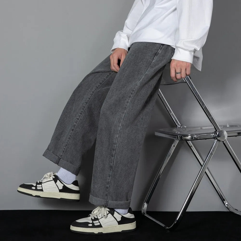 Korean Solid Colors Men's Casual Long Jeans Classic Man Four Seasons Straight Denim Wide-leg Pants Light Blue Grey Black 3XL - Matrix Studios