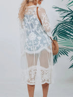 Women Beachwear Cardigan Solid Color 3/4 Sleeve See-Through Embroidery Flower Beach Dress For Women Summer Holiday Cover-Up - Matrix Studios
