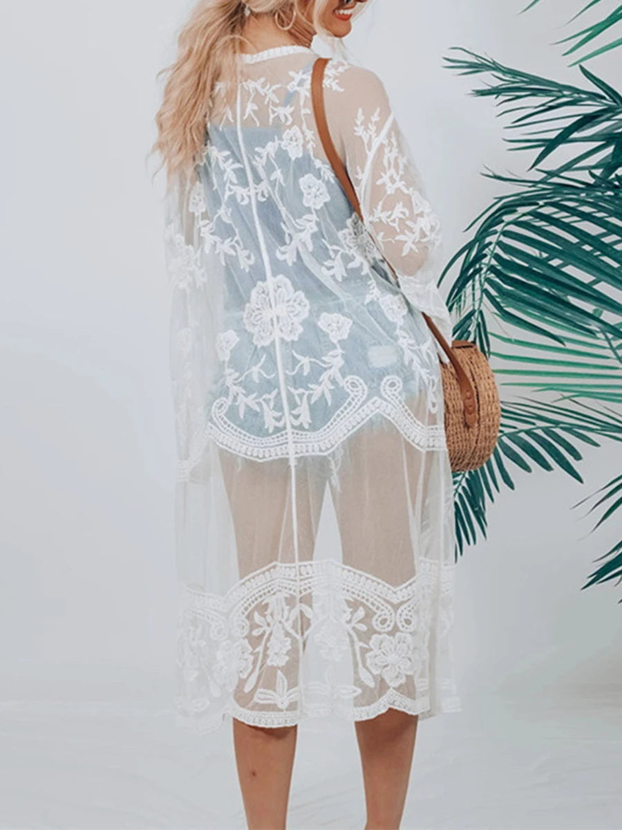 Women Beachwear Cardigan Solid Color 3/4 Sleeve See-Through Embroidery Flower Beach Dress For Women Summer Holiday Cover-Up - Matrix Studios
