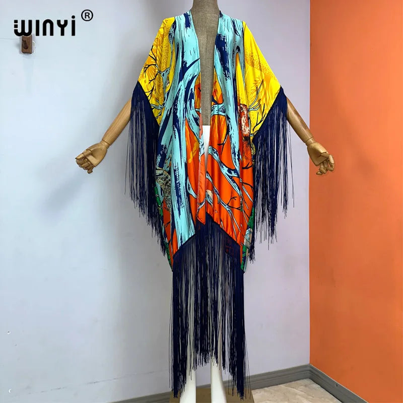 WINYI Kimono Cover-ups Summer Boho Print Bikini Cover-up Elegant Fashion Cardigan Sexy Holiday Long Sleeve Tassels Maxi Dress - Matrix Studios