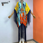 WINYI Kimono Cover-ups Summer Boho Print Bikini Cover-up Elegant Fashion Cardigan Sexy Holiday Long Sleeve Tassels Maxi Dress - Matrix Studios