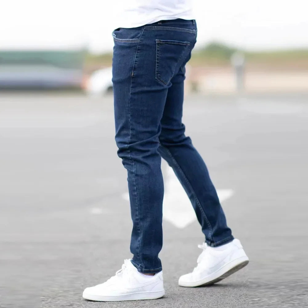 Spring Mens Black Blue Pants Pure Color Stretch Jeans Street Casual Slim Fit Trousers Male Vintage Wash Skinny Jeans for Men - Matrix Studios