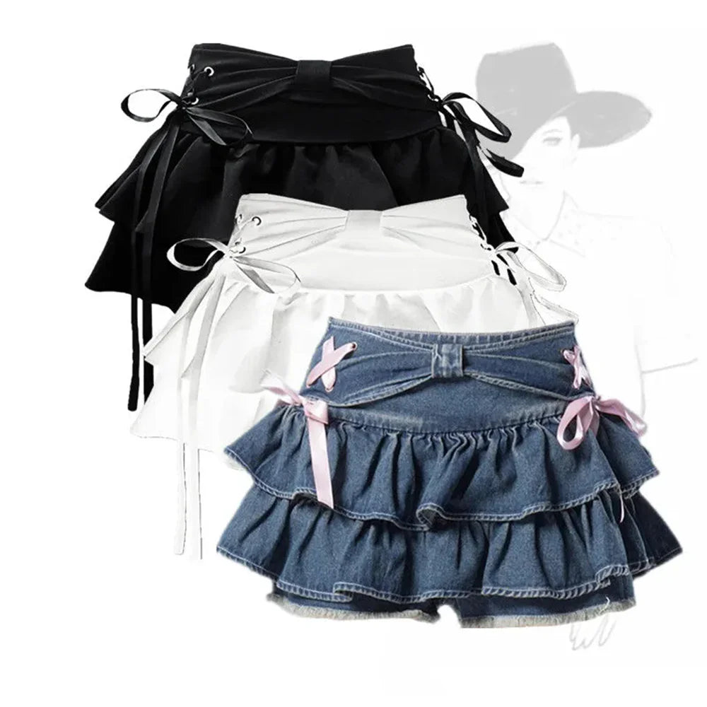 New Fashion Women Hot Girl Sweet Kawaii Bow Vintage Y2k Clothes American Streetwear Sexy Summer A-line Gothic Mini Denim Skirts - Matrix-studios.com